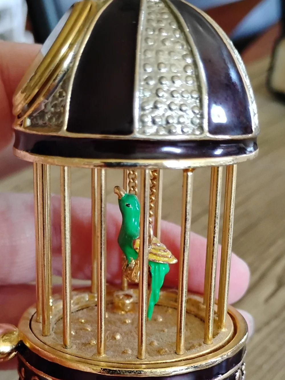 Elgin Clock Gold & Burgundy Enamel Birdcage With Green Bird On Swing Paperweight
